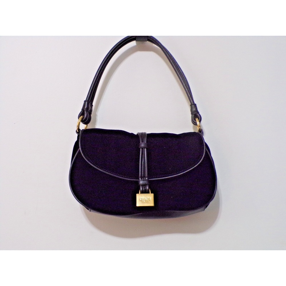 Chaps Black Velvet Satchel w/Goldtone Accents Snap Closure Faux Leather Handle